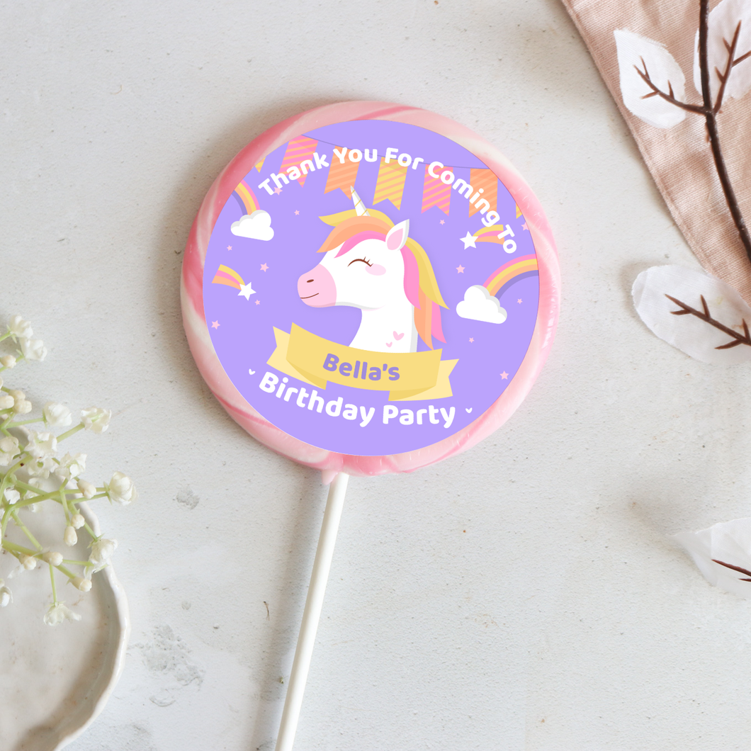 Personalised Unicorn Thank You Party Giant Lollipops